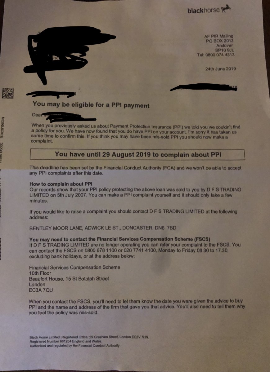PPI Letter from Blackhorse - Payment Protection Insurance (PPI Within Ppi Claim Form Template Letter